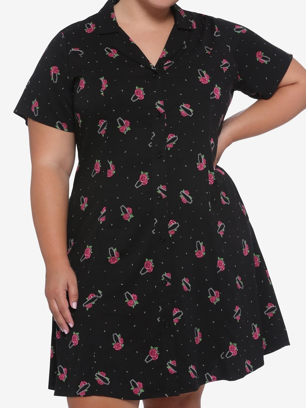 Hot Topic Coffin & Roses Button-Front Shirt Dress | Size 2X